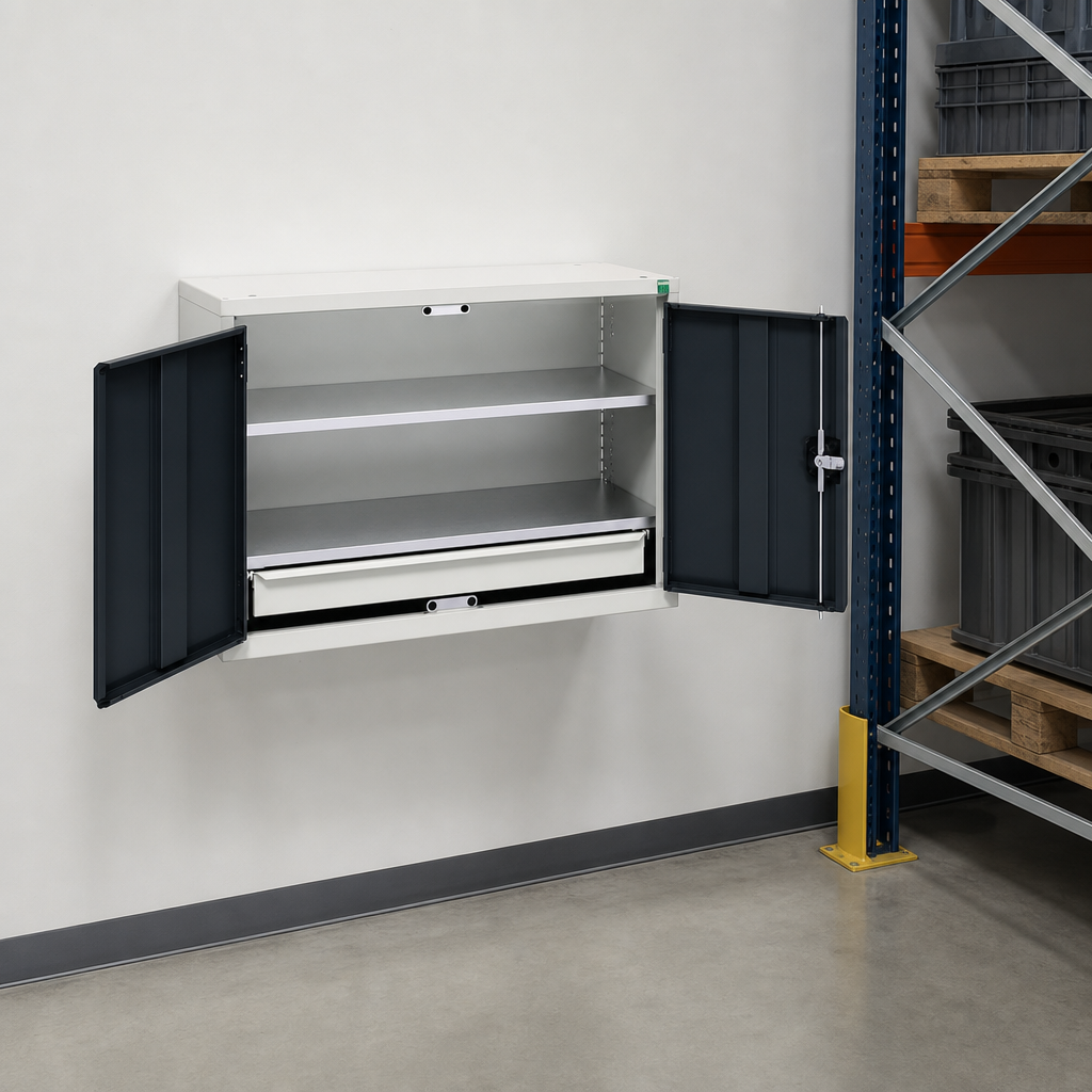 Wall Mounted Metal Cabinet with Shelves and Drawer 600x800mm