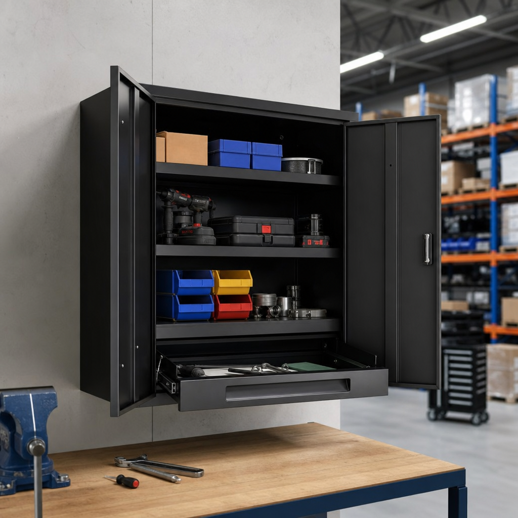 Wall Mounted Metal Cabinet with Shelves and Drawer 600x800mm