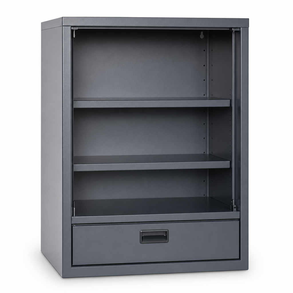 Wall Mounted Metal Cabinet with Shelves and Drawer 600x800mm