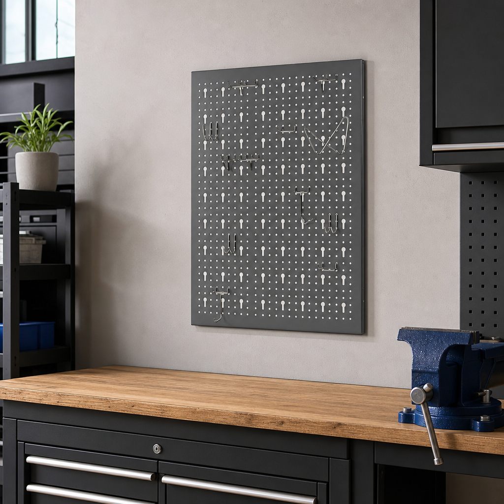 Wall Mounted Pegboard Panel with Assorted Hooks