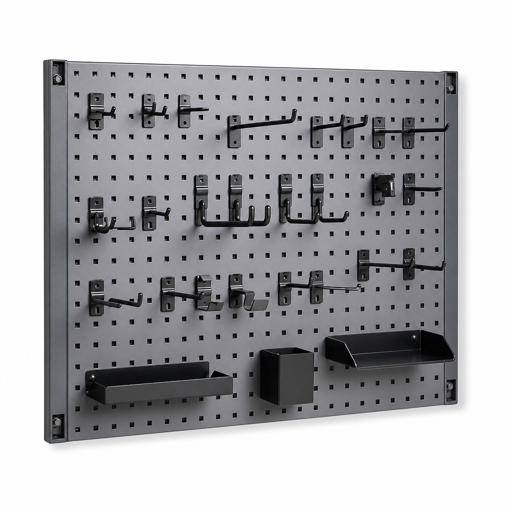 Wall Mounted Pegboard Panel with Assorted Hooks