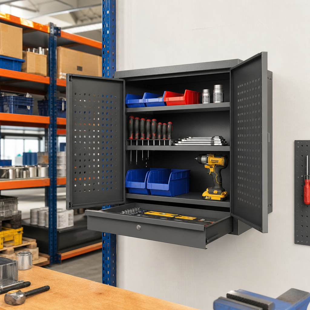 Wall Mounted Steel Tool Cabinet with Shelves and Drawer