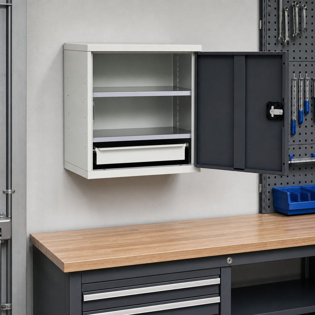 Wall Mounted Steel Tool Cabinet with Shelves and Drawer