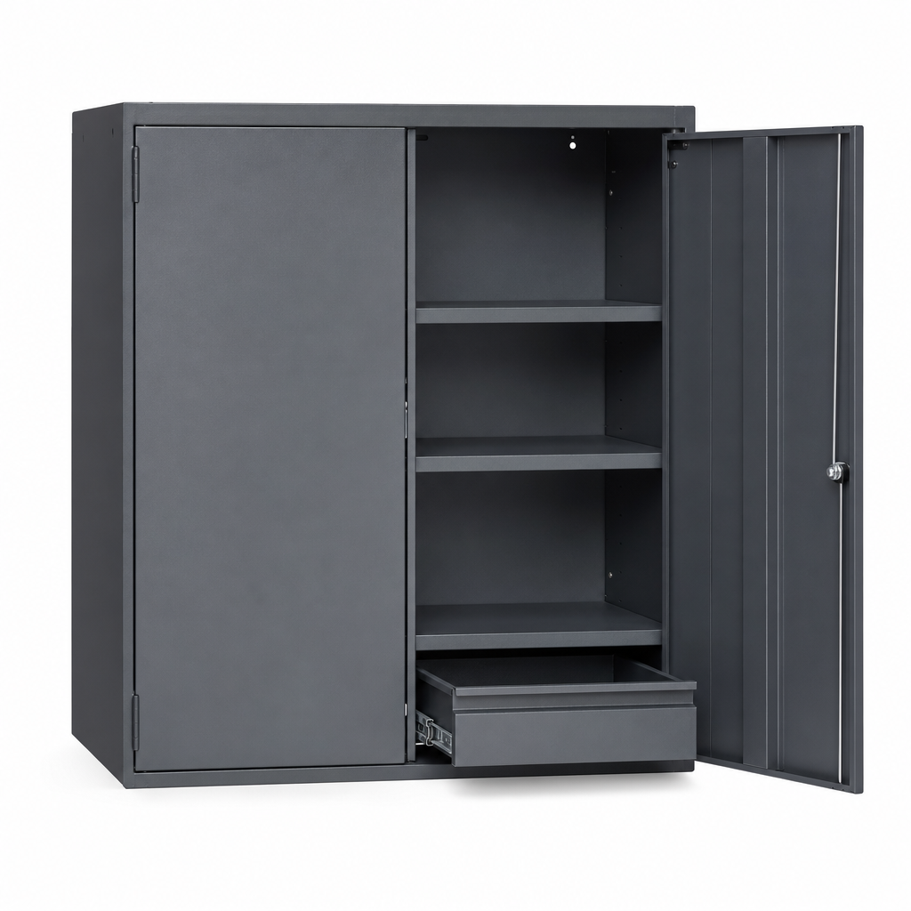 Wall Mounted Steel Tool Cabinet with Shelves and Drawer