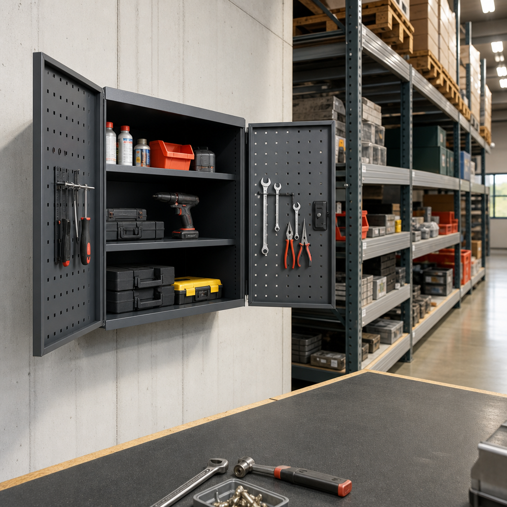 Wall Mounted Tool Cupboard with Perforated Door Storage