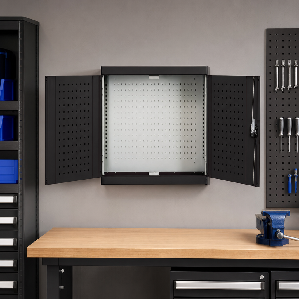 Wall Mounted Tool Cupboard with Perforated Door Storage