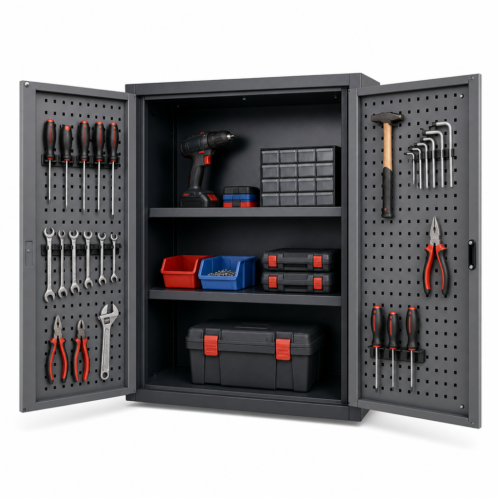 Wall Mounted Tool Cupboard with Perforated Door Storage