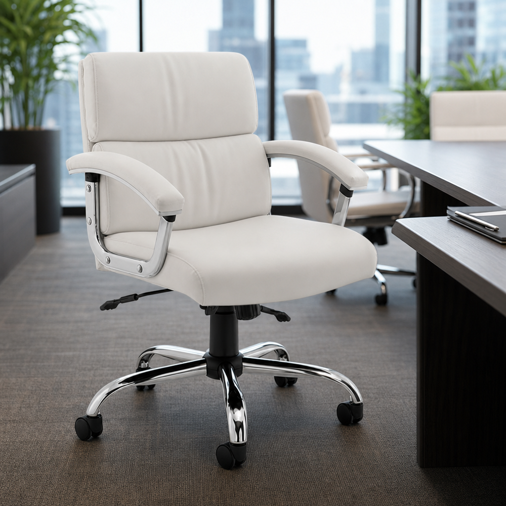 White Leather Executive Office Chair with Fixed Arms