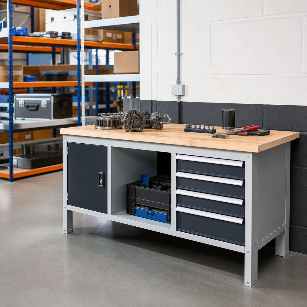 Workbench with 4 Drawers, 1 Cupboard and Shelf