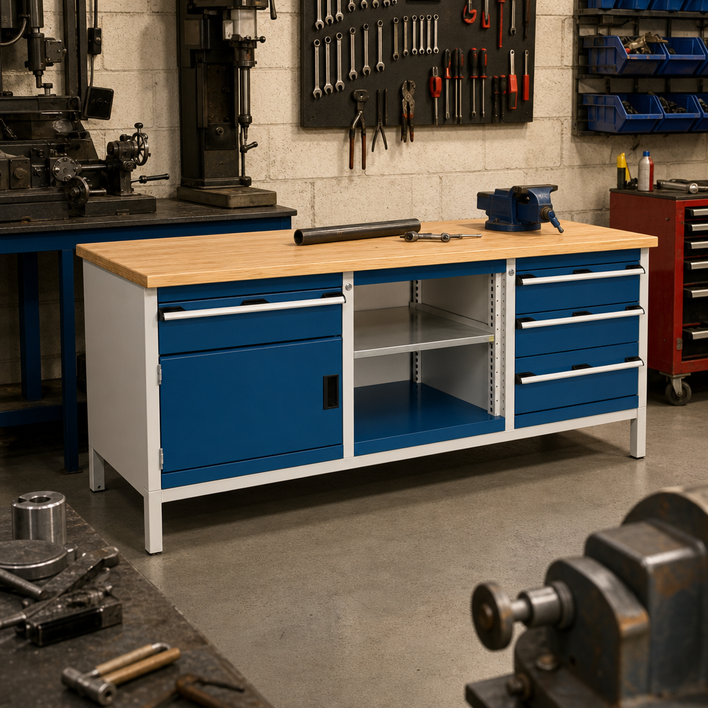 Workbench with 4 Drawers, 1 Cupboard and Shelf