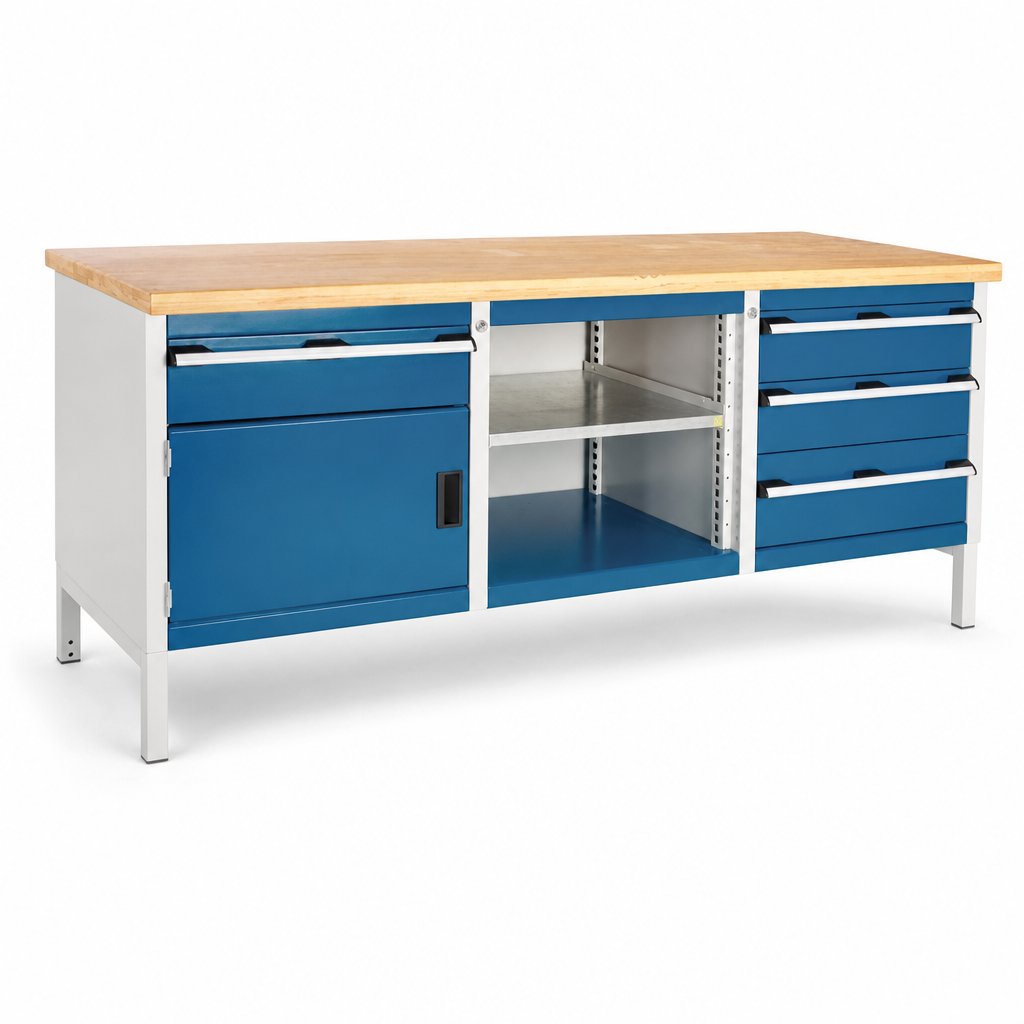 Workbench with 4 Drawers, 1 Cupboard and Shelf