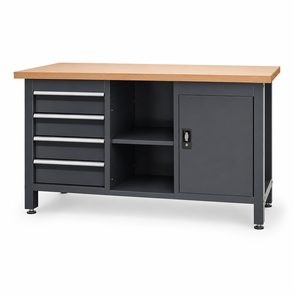 Workbench with 4 Drawers, 1 Cupboard and Shelf