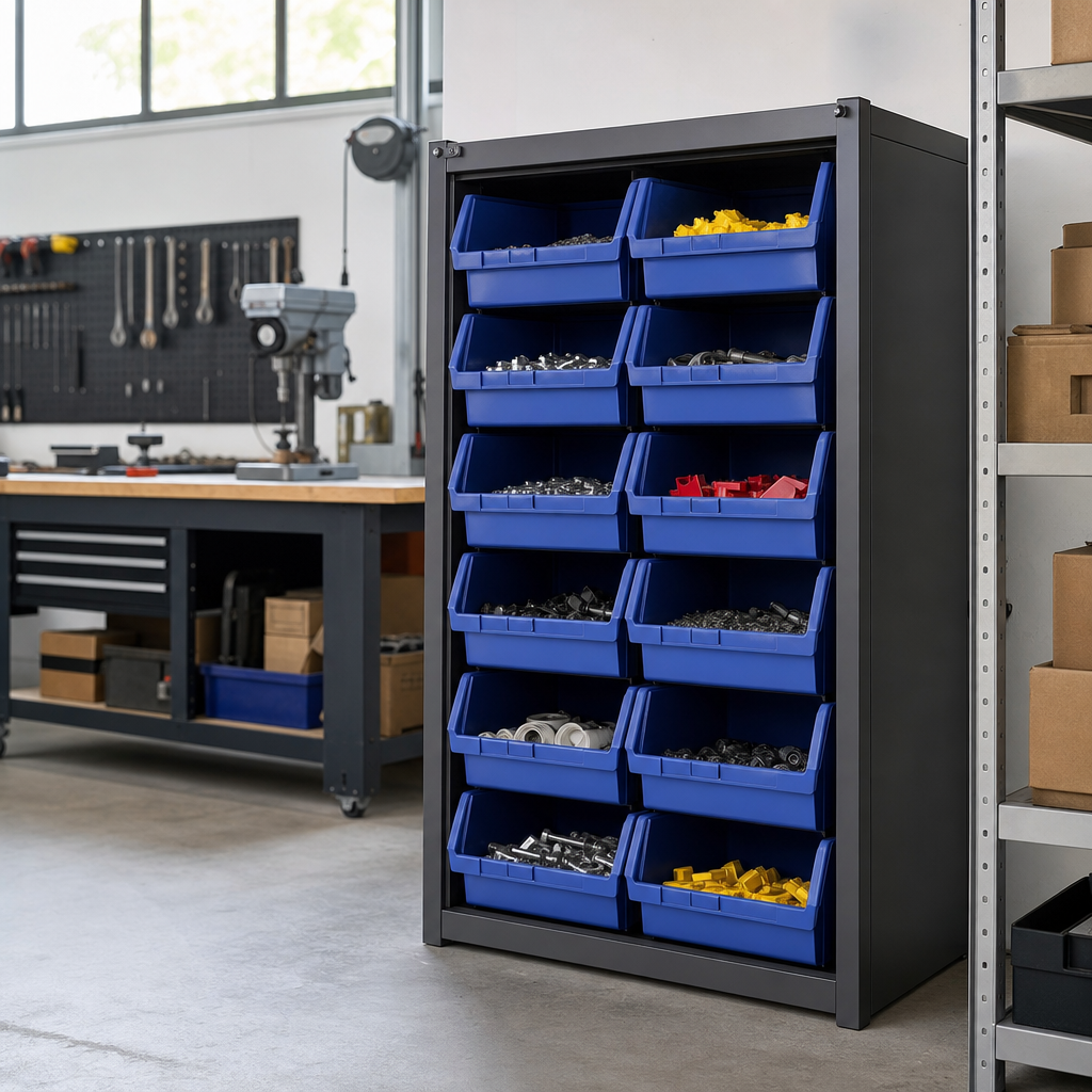 Workshop Storage Cabinet with 12 Plastic Bins 1000x1050mm