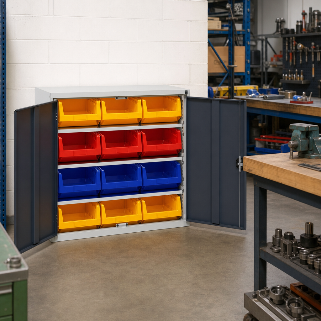 Workshop Storage Cabinet with 12 Plastic Bins 1000x1050mm