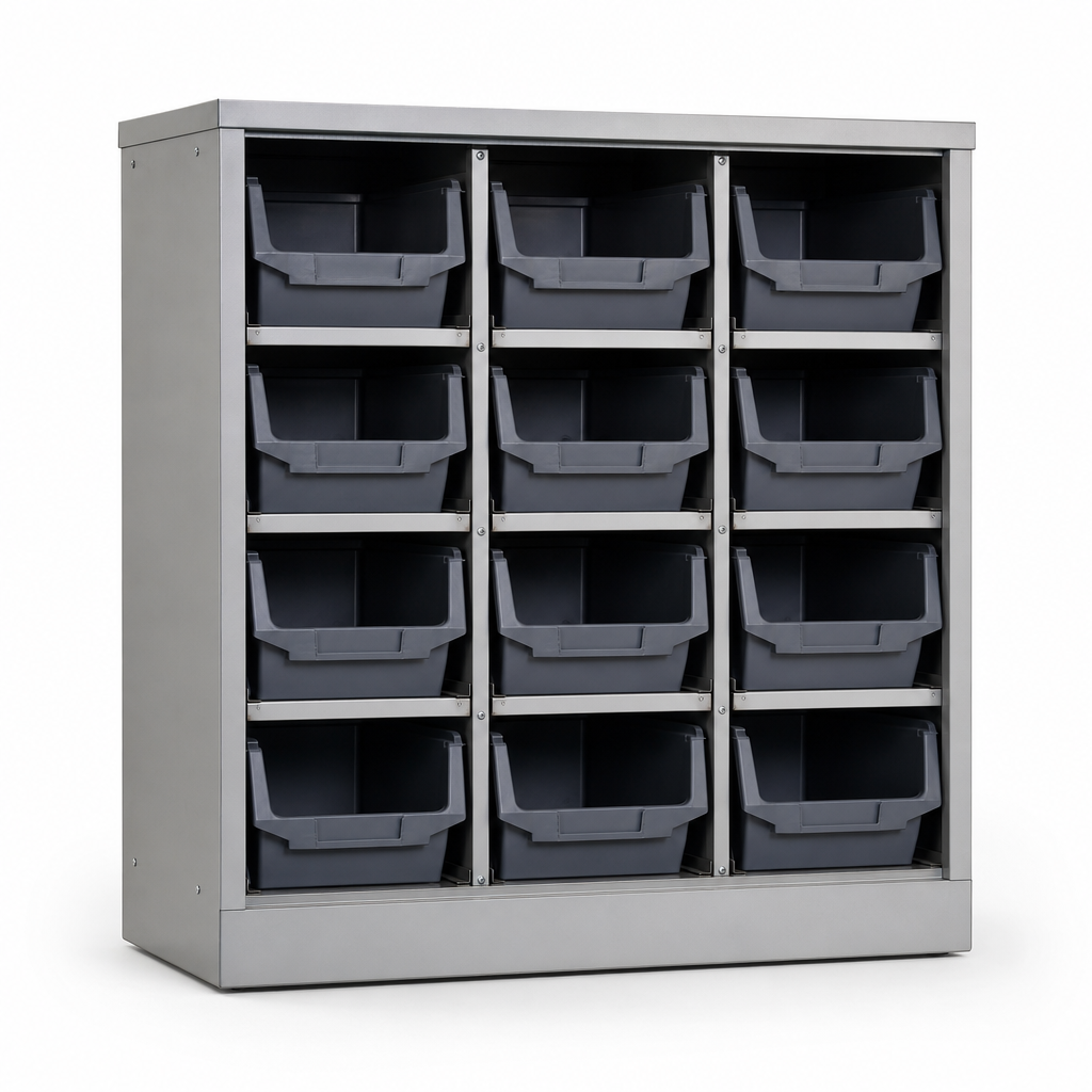 Workshop Storage Cabinet with 12 Plastic Bins 1000x1050mm