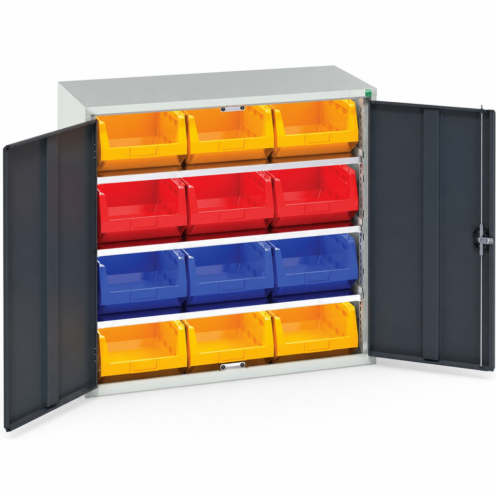 Workshop Storage Cabinet with 12 Plastic Bins 1000x1050mm