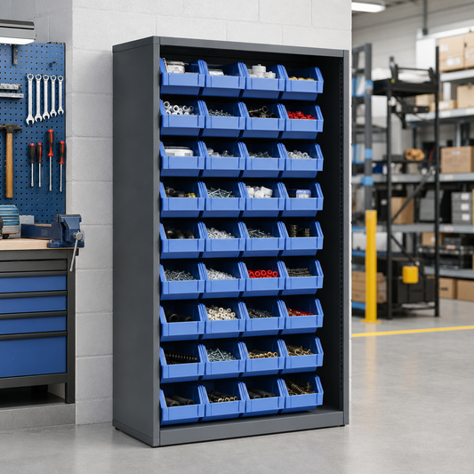 Workshop Storage Cabinet with 30 Parts Bins 1000x1050mm