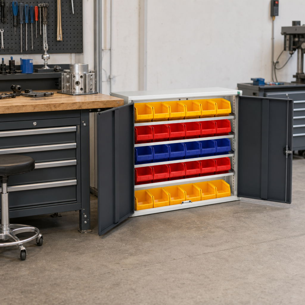 Workshop Storage Cabinet with 30 Parts Bins 1000x1050mm